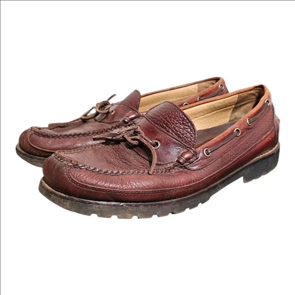 LL Bean Allagash Bison Leather Hand Sewn Shoes Moc Toe Boat Lug Sole 12 D 273080